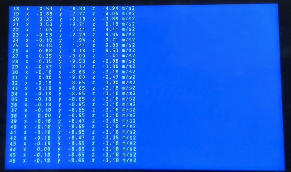Console listing x, y, z acceleration while the phone is tilted, then resting