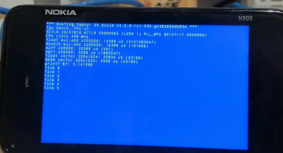 Benchmark output with FPU on: CPU clock 499 MHz, NEON vector 4508 us