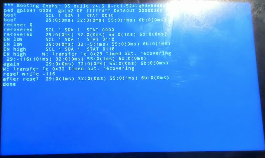 Console showing I2C line levels and probes, a timeout after the enable line rises and recovery