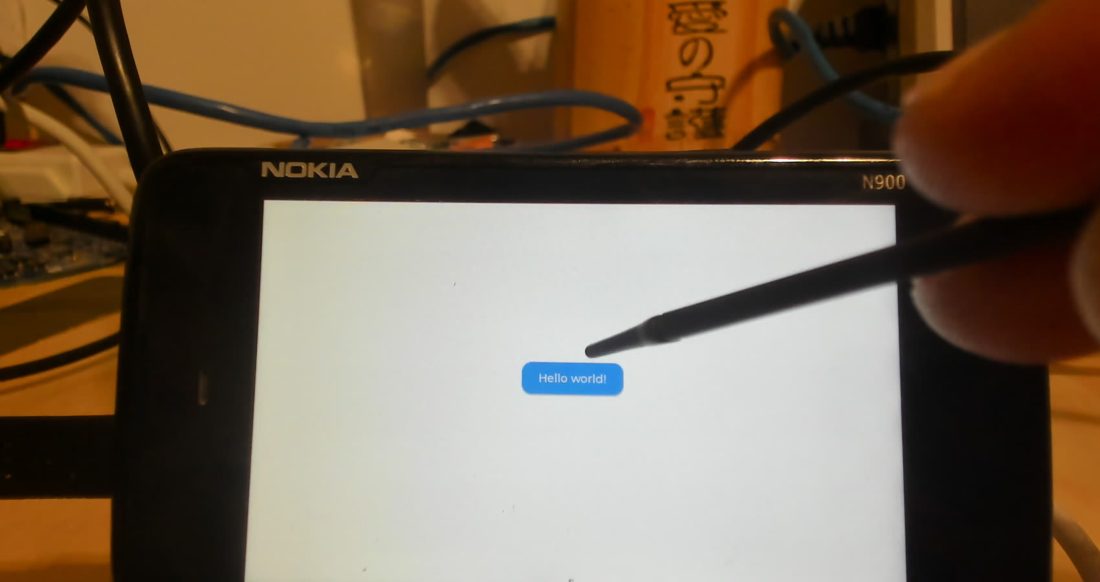 N900 running the LVGL sample with a stylus pressing the Hello world button