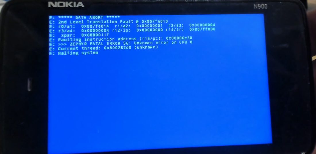 Console showing DATA ABORT, 2nd Level Translation Fault at 0x807fe010